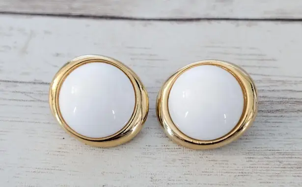 Vintage Clip On Earrings Large White with Gold Tone