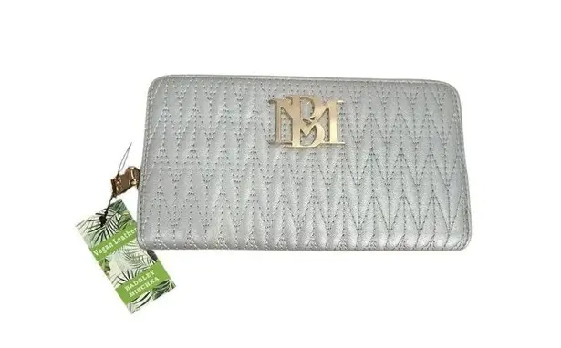 Badgley Mischka NWT Grey Blue Quilted Long Cardholder Wallet Vegan Leather