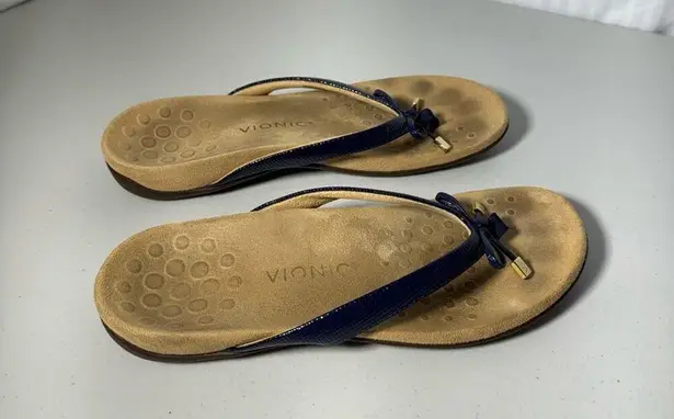 Vionic Bella Navy Blue Patent Leather Flip Flop Sandals Women’s Size 10 Lizard