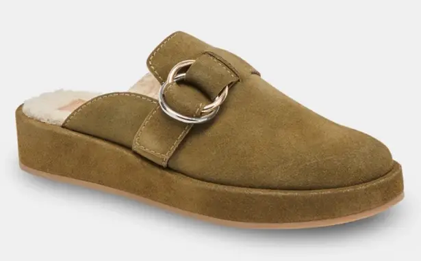 DOLCE VITA Suede Astor Plush Flats Mule Olive Green