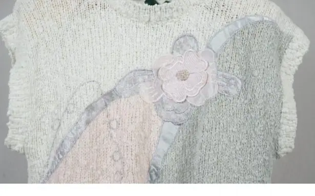 Shenanigans Woman's Large Square Chunky Knit Floral Short Sleeve Vintage NWT! White