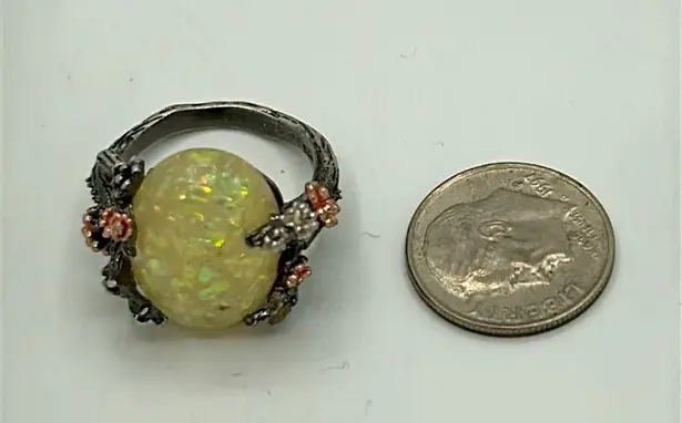 Signed 925 Sterling Cherry Blossom ring with simulated (faux) opal White