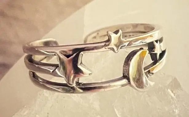 Moon And Star Open Adjustable Sterling Sliver Ring Silver