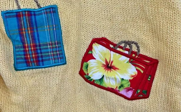 VINTAGE Yellow Shop Til You Drop Vest Embroidered Applique Purses size large