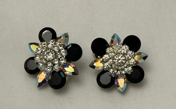 Glamorous Vintage Rhinestone Clip On Earrings Black Clear & Aurora Borealis