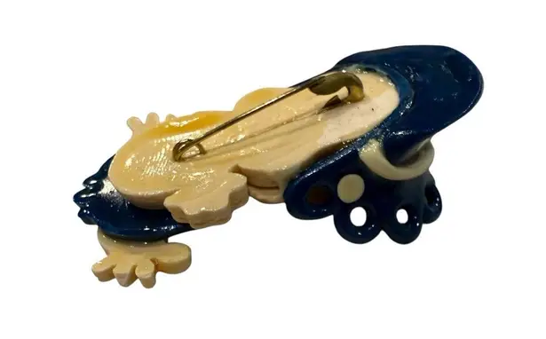 Vintage Baby Brooch Pin – Pacifier, Blue Bonnet & Polka Dot Romper – Figural 2″