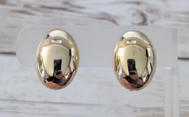 Vintage Clip On Earrings Mirrored Gold Tone Oval 7/8"
