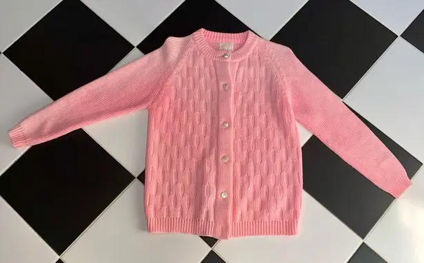 Vintage 60s 70s Sears Sweater Bubblegum Pink Cable Knit Cardigan Pearlescent szL Size L