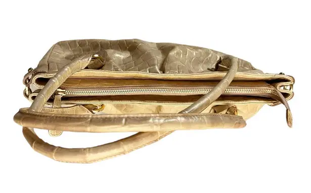 Brahmin Croc Embossed Leather Satchel Dual Handle Zipper Closure Cream Handbag