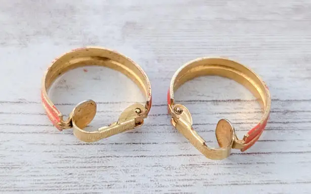 Vintage Clip On Earrings Orange & Gold Tone Hoops