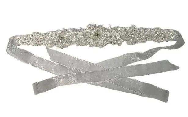 Ivory Beaded Bridal Sash Floral Lace Appliqué 72” White