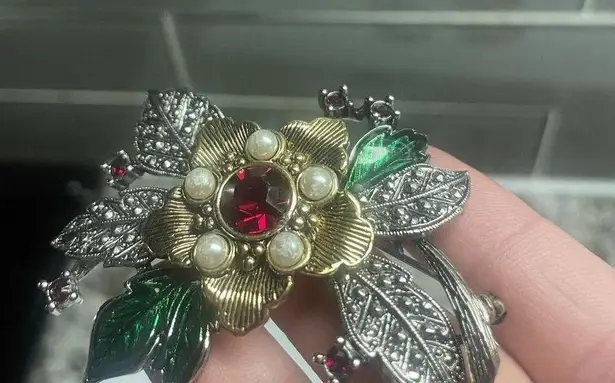 Lot Of 4 Christmas Holiday Brooch Pins Bell / Holly Leaves / Candy Cane / Flower