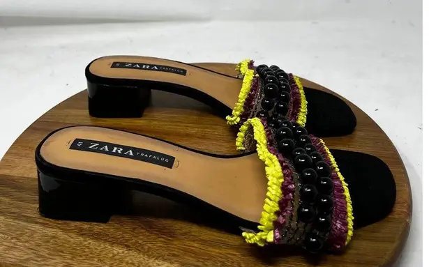 ZARA  Sandals Womens Black Hand Beaded Fringed Mule Slide Sandals Size 41