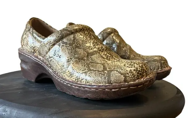 Born concept BOC Shoes Women Sz 8 Peggy Snake Print Slip On Clogs C00087 Brown