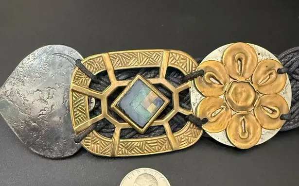 Vintage BAER SF Hammered Mixed Metal Boho Bohemian Woven Braided Belt One Size Black