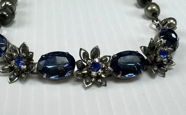 Vintage Blue  Rhinestone Floral Choker Necklace