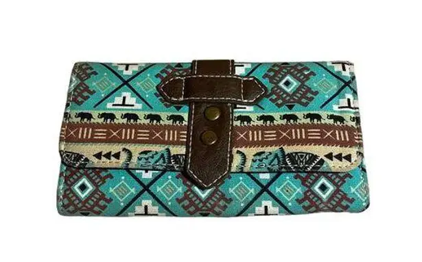 Tribal Aqua Blue Elephant Boho Button Closure Trifold Envelope Wallet Women