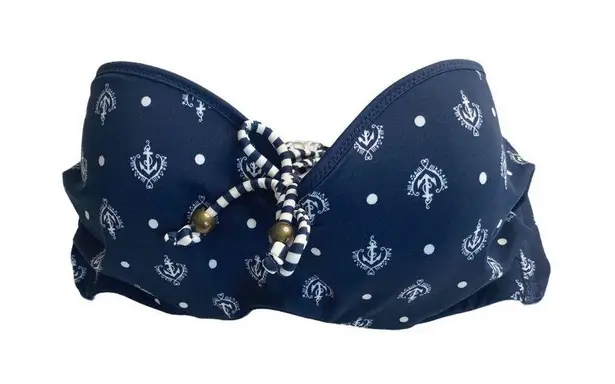 Timeout ᯾ Nautical Print Bandeau Bikini Top ᯾ Navy White Anchors + Stripes