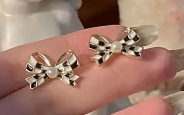 Black & White Bow Pearl Stud Earrings | Coquette Checkered Ribbon Earrings NWT