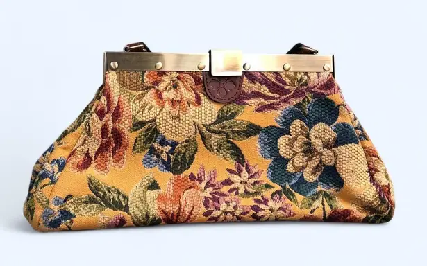 Patricia Nash Ferrara Tapestry Floral Top Handle Satchel Shoulder Hand Bag Clutch Purse Ferrera Brown Gold Yellow