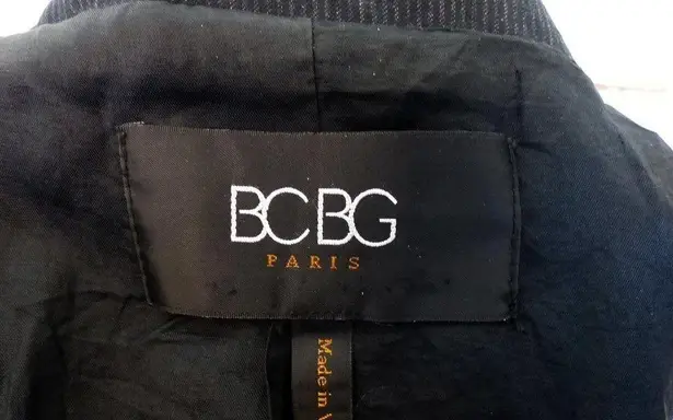 BCBG Paris Blazer Womens Size 8 Medium Black Long Pinstripe 2 Button Jacket Work