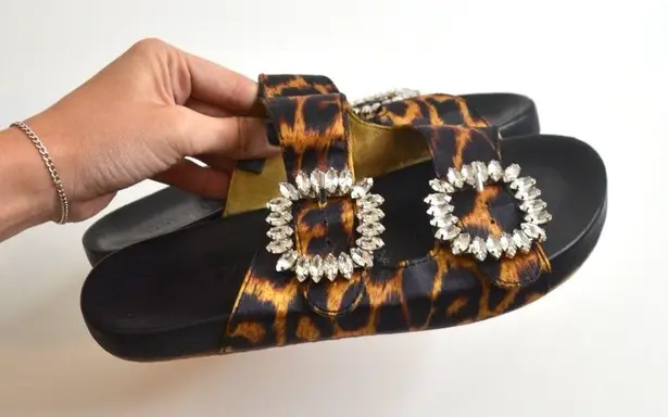 Mystique Boutique Mystique Crystal Jeweled Slide Sandals Cheetah Print Tan Black Women's 7