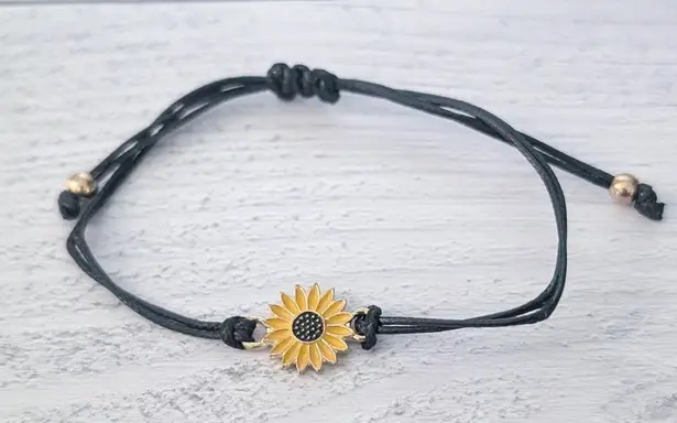 Sunflower Charm Adjustable Bracelet on Black Cord Yellow