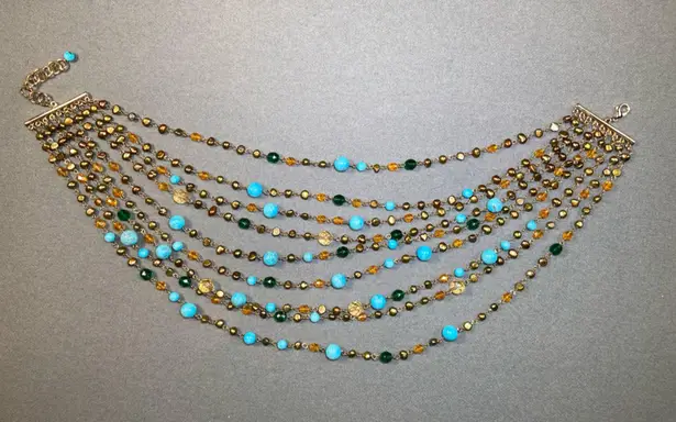 Multi Strand Beaded Necklace Gold Tone Metal, Turquoise, Green & Amber By Sequin Blue
