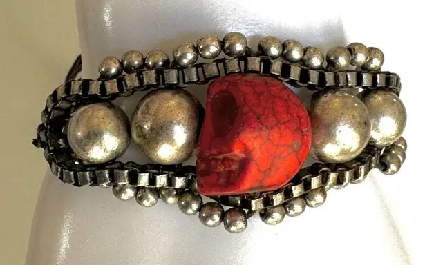 Silver tone red skeleton black cord bracelet