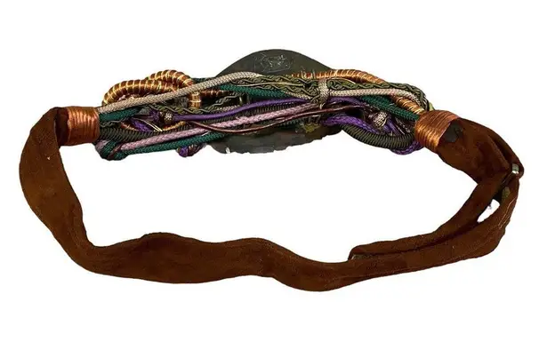 Vintage 80s Boutique Large Stone Rock Braided Rope Knotted Brass Gold Suede Belt