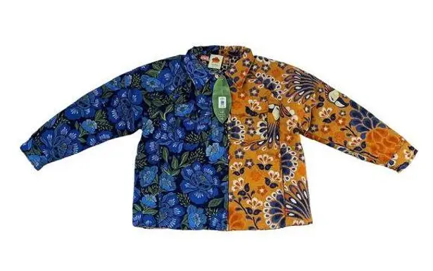 Farm Rio NWT Women's Mixed Yawanawa Reversible Puffer In Blue Multi Size XS