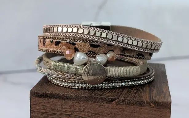 Cuff Bracelet Neutral Tones with Gold Tone & Faux Pearls