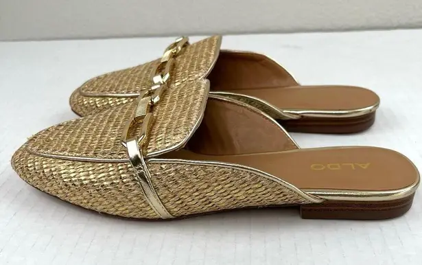 ALDO  Sylvie Natural Raffia Gold Basketweave Square Toe Slip On Mules Size 7.5