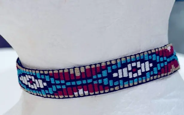 Embroidered Tribal Aztec Choker Blue