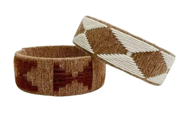 Brown & White Yarn Wrapped Aztec Native Pattern Cuff Bracelets Tan