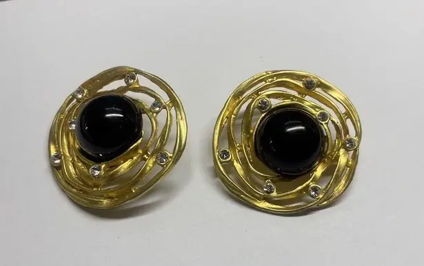 Pretty Gold Tone Black / Rhinestone Large Oversized Statement Clip On Earrings