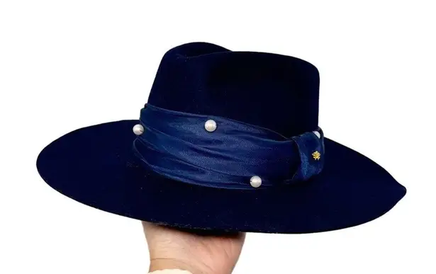 Lele Sadoughi NWT Wool Pearl Detail Navy Rancher Hat