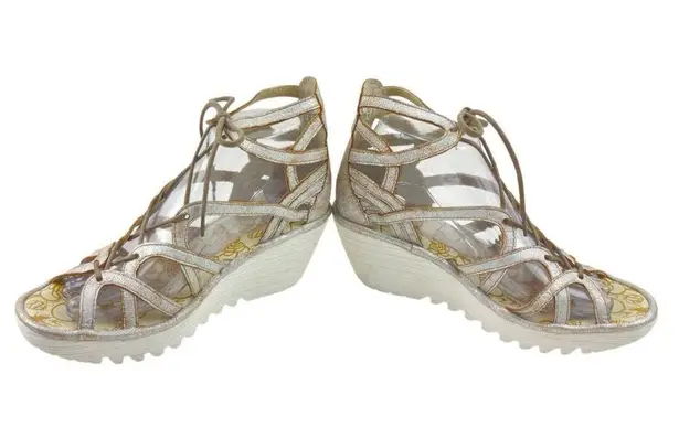 Fly London * Yuke Sandal Womens Size 38 Wedge Strappy Gladiator White Metallic