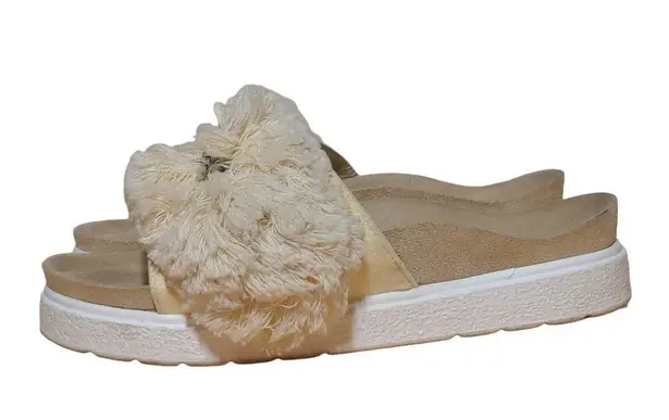 Exe Slides Sandals Beige Rhinestone Flat Heel Platform Slip On Fluffy 39 8.5 Tan