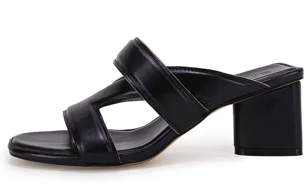 Chunky Heeled Square Open Toe Backless Block Double Strap Sandals Black 6