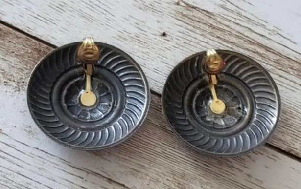 Vintage Clip On Earrings Dark Bronze & Plum Circle Statement 1.5"