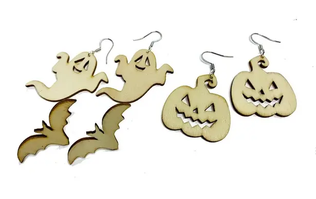 Handmade 3 Sets of Burned Wood Happy Halloween Earrings
