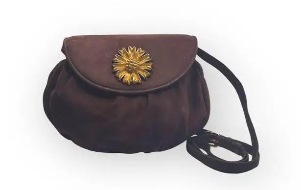 Y2K: Robert Lee Morris 𑁍 Gold Plated Brass Floral Medallion Clutch Crossbody Bag Brown