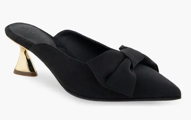 Aerosoles Juju Pointed Toe Mule Bow Gold Metallic Heel Black Fabric 11