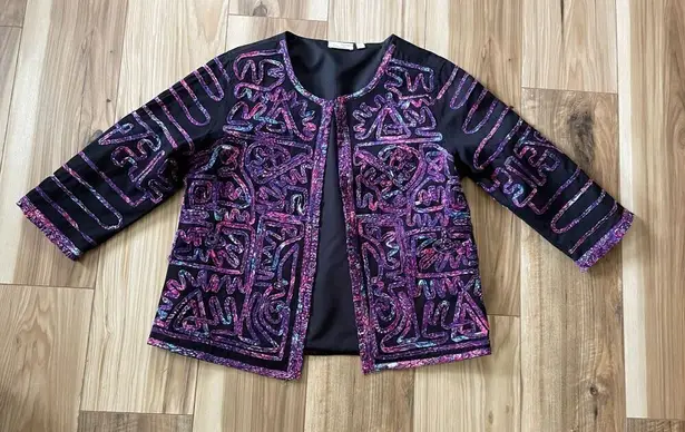 Choices Ruffle Casual Blazer Jacket MEDIUM 100% Cotton Black Purple Teal Fringe Purple