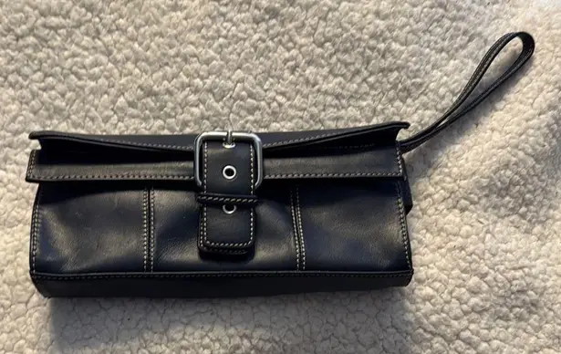 Apostrophe Leather Blue Wristlet Clutch with Structured Design