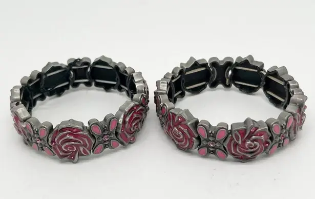 New Mary Kay Set of 2 Pink Rose Enamel Elastic Stretch Cuff Bracelets