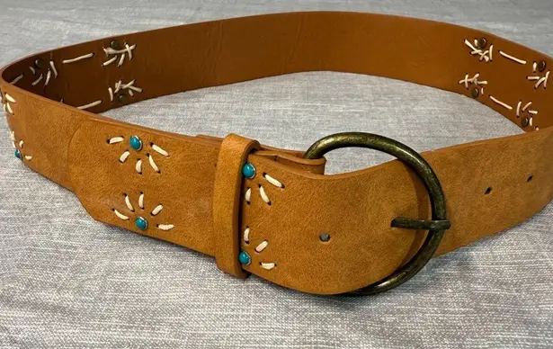 Brown Floral Embossed Leather Belt Faux Turquoise Accents Brass Buckle Women's
