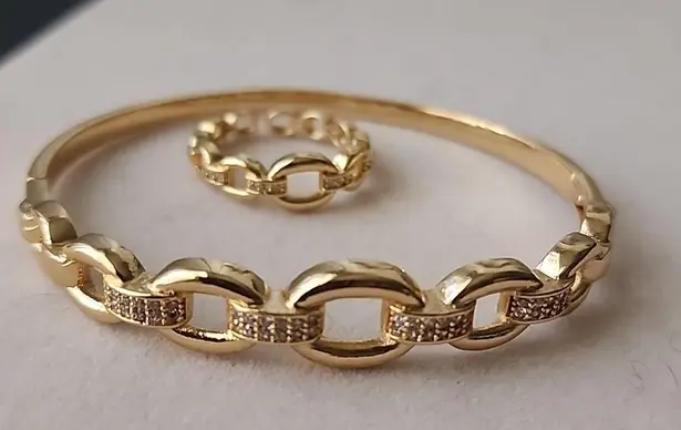 Gold Filled Chain Link Clamper Bangle Bracelet Adjustable Ring Set
