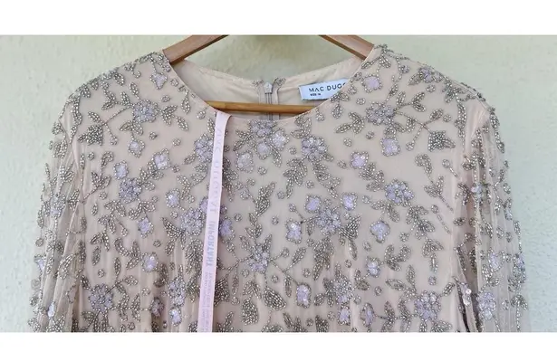 Mac Duggal 10812 Beaded Tea Length Dress Sheer Long Sleeves Womens Size 14 Party